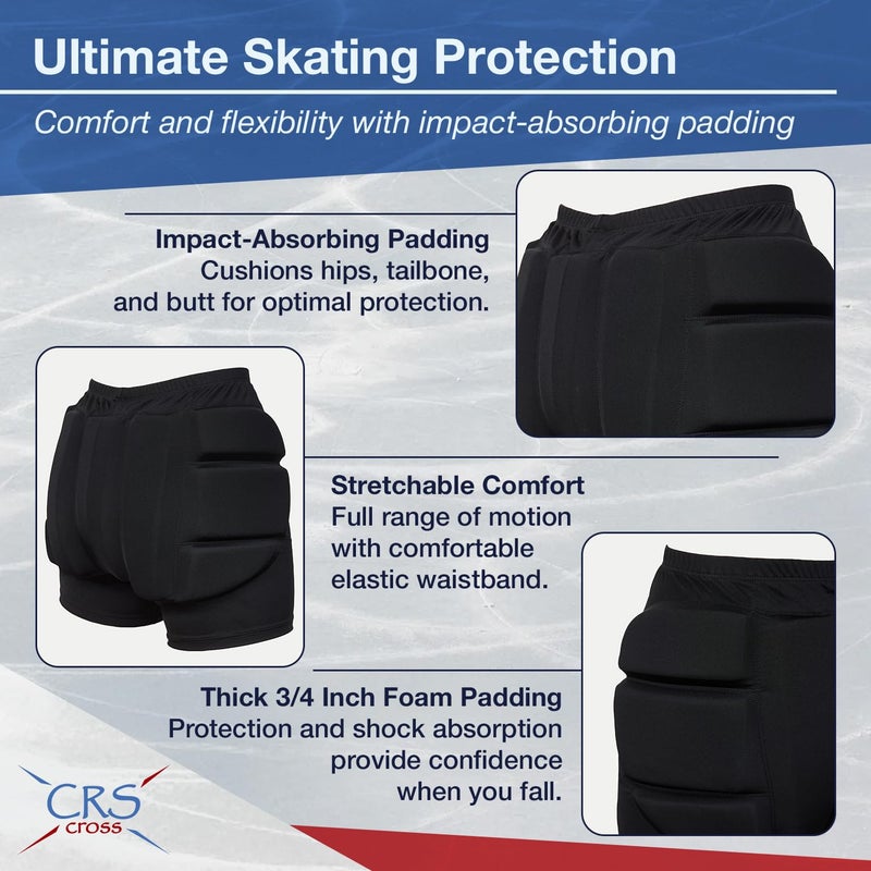 CRS Cross Padded Figure Skating Shorts. Crash Pad Pants for Roller, Inline, Ice Skating, Snowboarding, and Skiing. Fall Impact Protection for Butt, HIPS, and Tailbone (Youth Large Black) - Image 2